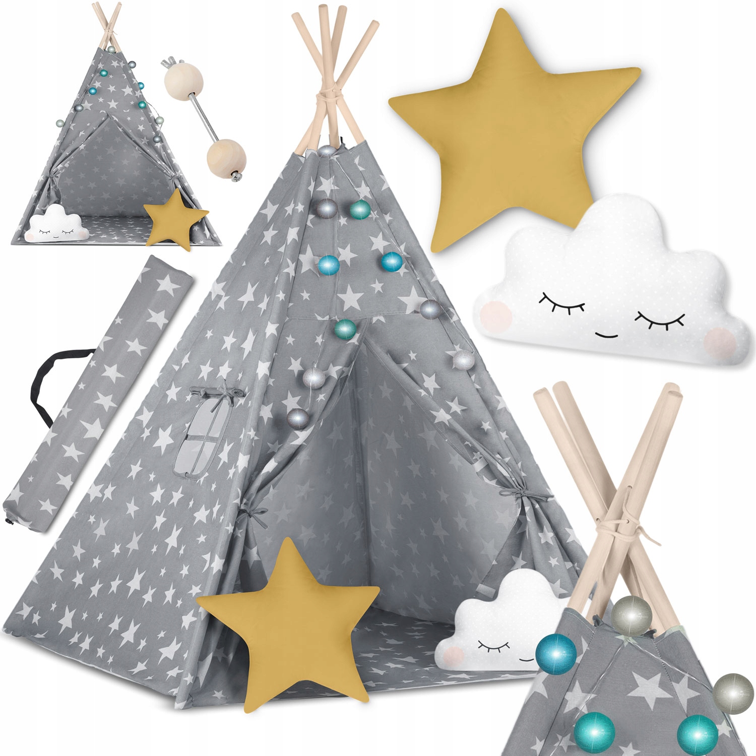 Detský stan Nukido Teepee so svetlami - sivý s hviezdičkami